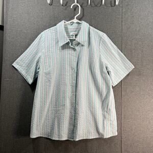 Denim & Co. Seersucker Button Front Short Sleeve Shirt Blue Multi Large